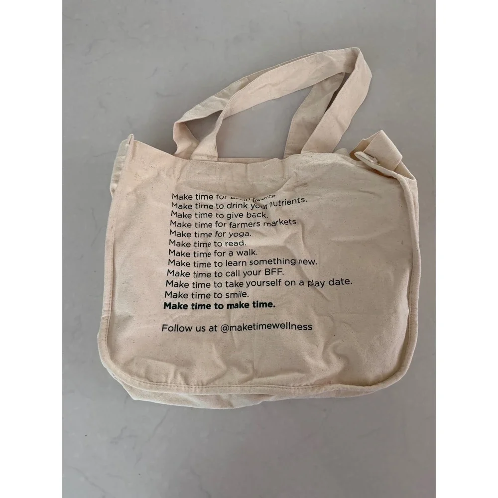 Make Time Wellness Canvas Tote Bag Cream Black Graphic Reusable Shopper‎ Bag